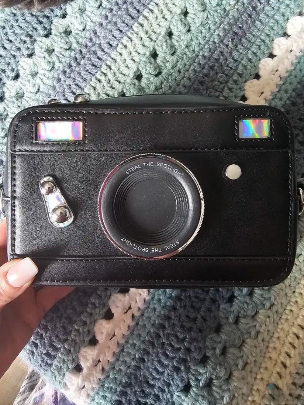 Camera-Shaped Black Crossbody Bag with Holographic Accents